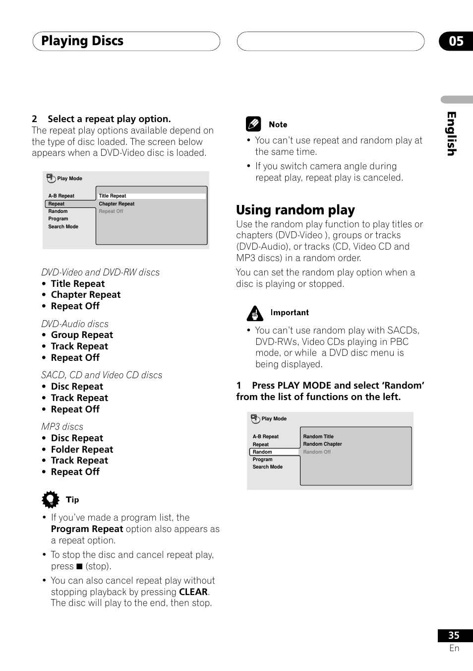 Using random play, Playing discs 05, English | Pioneer VRD1160-A User Manual | Page 35 / 148