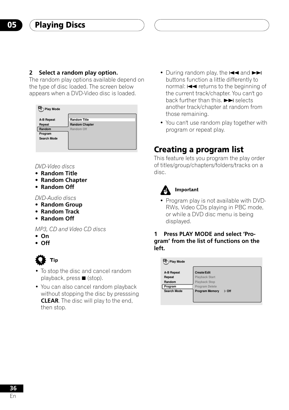 Creating a program list, Playing discs 05 | Pioneer VRD1160-A User Manual | Page 36 / 148