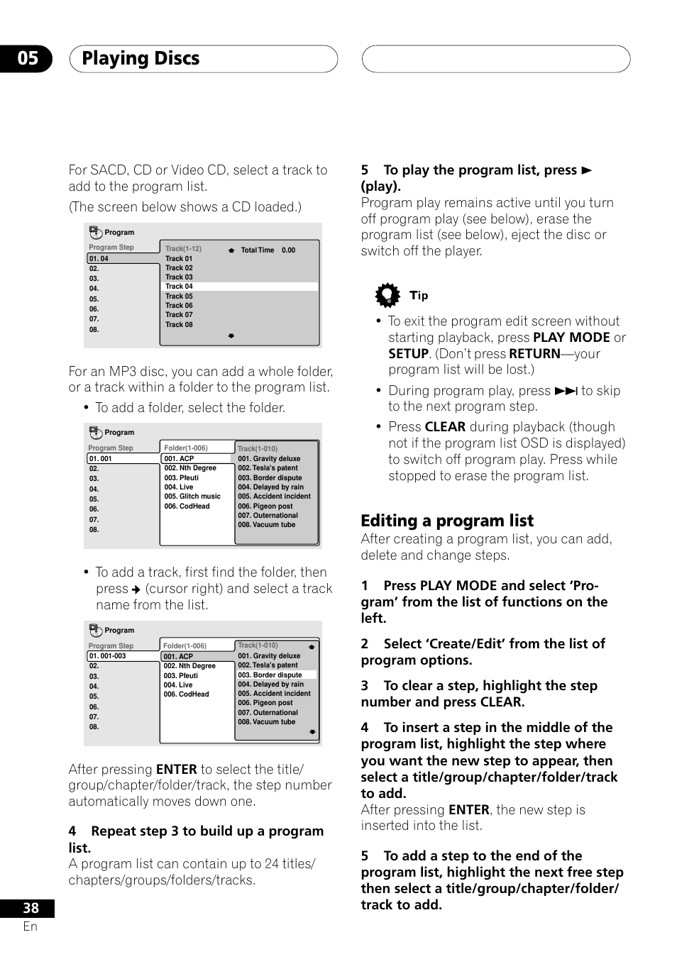 Editing a program list, Playing discs 05 | Pioneer VRD1160-A User Manual | Page 38 / 148