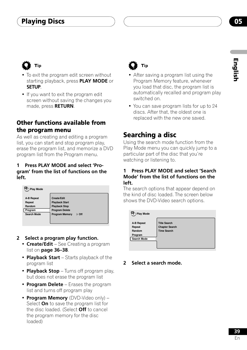 Other functions available from the program menu, Searching a disc, Playing discs 05 | English | Pioneer VRD1160-A User Manual | Page 39 / 148