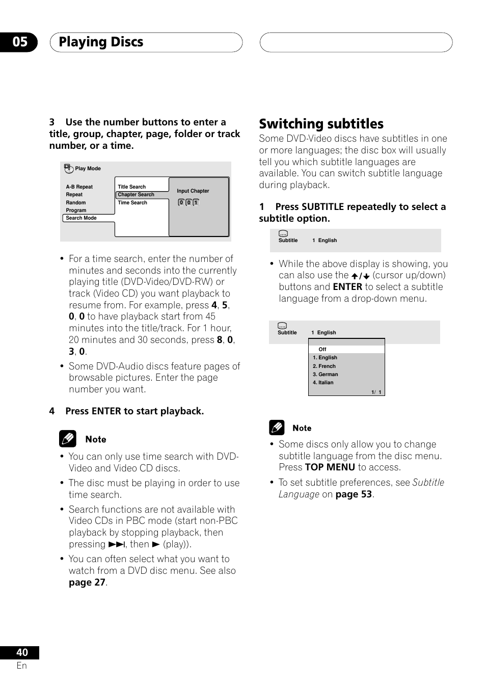 Switching subtitles, Playing discs 05 | Pioneer VRD1160-A User Manual | Page 40 / 148