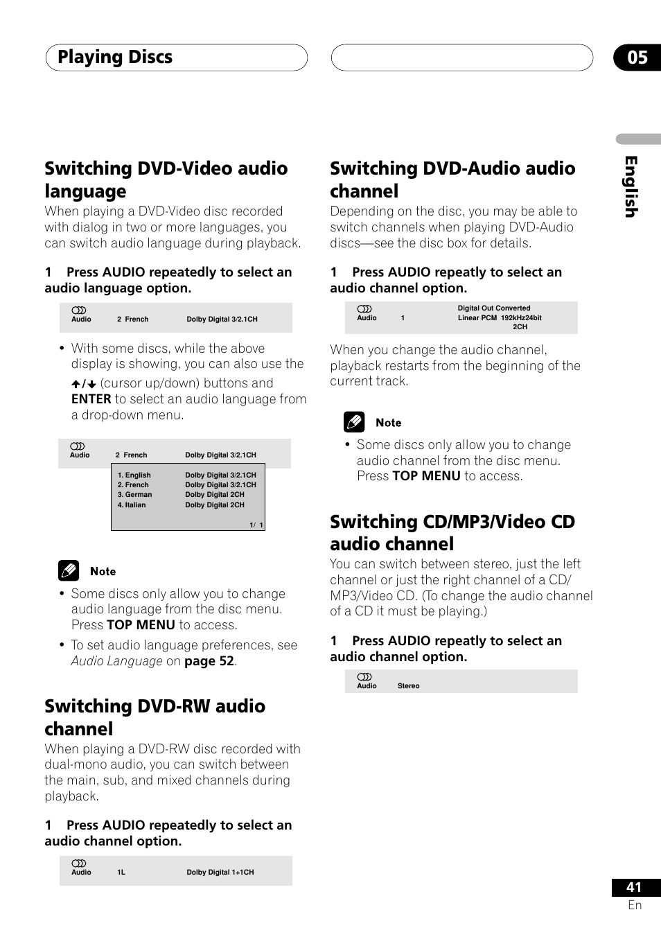 Playing discs 05, Switching dvd-video audio language, Switching dvd-rw audio channel | Switching dvd-audio audio channel, Switching cd/mp3/video cd audio channel, English | Pioneer VRD1160-A User Manual | Page 41 / 148