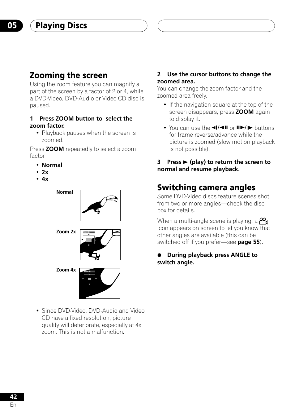 Zooming the screen switching camera angles, Playing discs 05, Zooming the screen | Switching camera angles | Pioneer VRD1160-A User Manual | Page 42 / 148