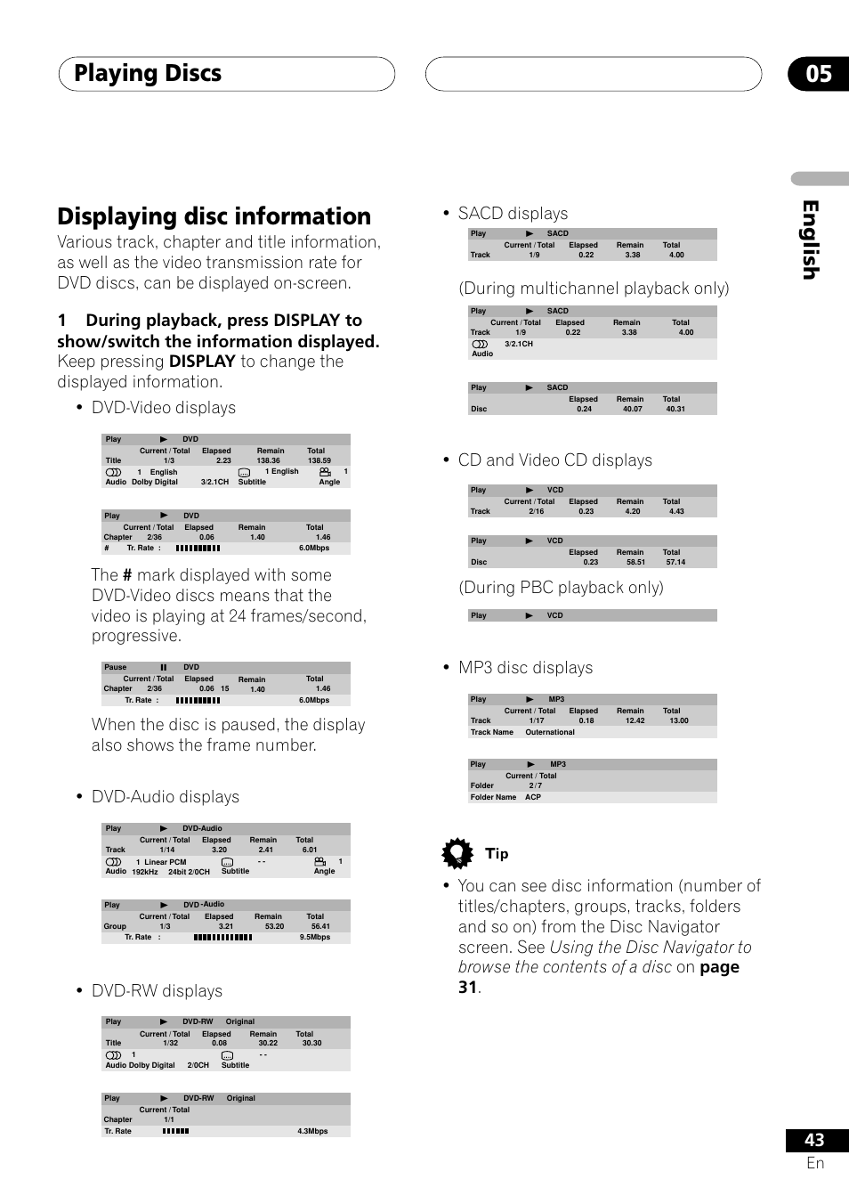 Displaying disc information, Playing discs 05, English | Dvd-rw displays, Sacd displays, During multichannel playback only), Cd and video cd displays, During pbc playback only), Mp3 disc displays | Pioneer VRD1160-A User Manual | Page 43 / 148