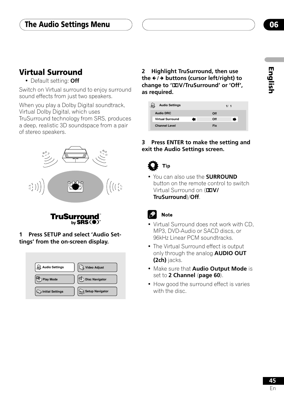 Virtual surround, The audio settings menu 06, English | Pioneer VRD1160-A User Manual | Page 45 / 148