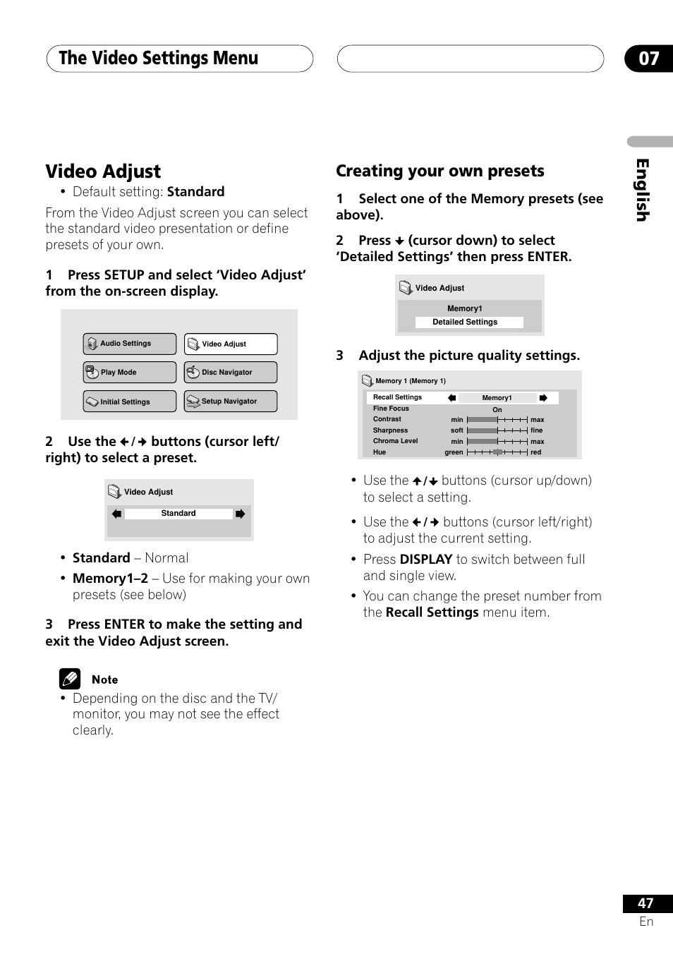 Video adjust, Creating your own presets, The video settings menu 07 | English creating your own presets | Pioneer VRD1160-A User Manual | Page 47 / 148