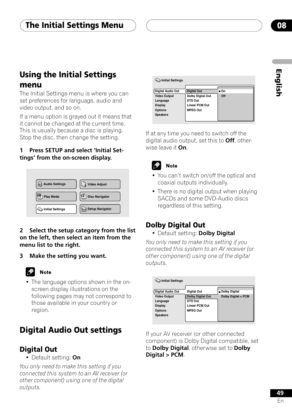 Digital out dolby digital out, The initial settings menu 08, Using the initial settings menu | Digital audio out settings, English, Dolby digital out, Digital out | Pioneer VRD1160-A User Manual | Page 49 / 148