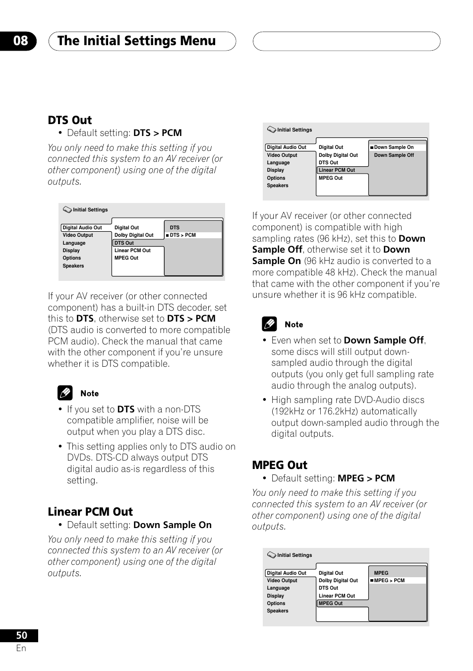 Dts out linear pcm out mpeg out, The initial settings menu 08, Mpeg out | Dts out, Linear pcm out | Pioneer VRD1160-A User Manual | Page 50 / 148