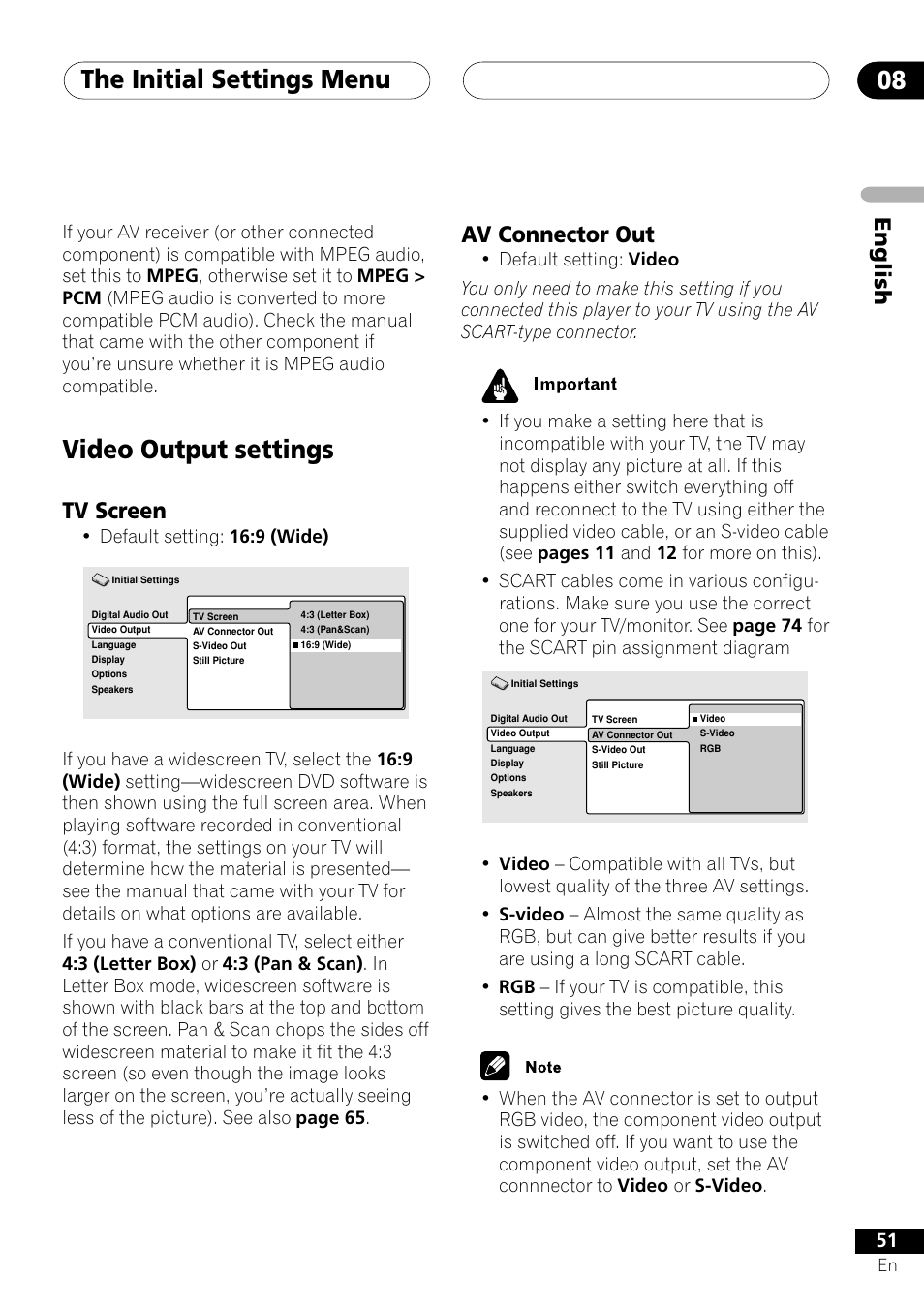 Video output settings, Tv screen av connector out, The initial settings menu 08 | English, Av connector out, Tv screen | Pioneer VRD1160-A User Manual | Page 51 / 148