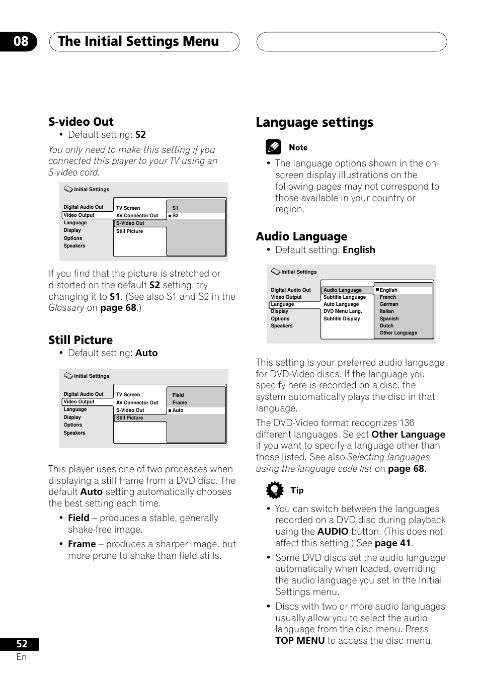 S-video out still picture, Language settings, Audio language | The initial settings menu 08, S-video out, Still picture, Default setting: english, Default setting: auto | Pioneer VRD1160-A User Manual | Page 52 / 148