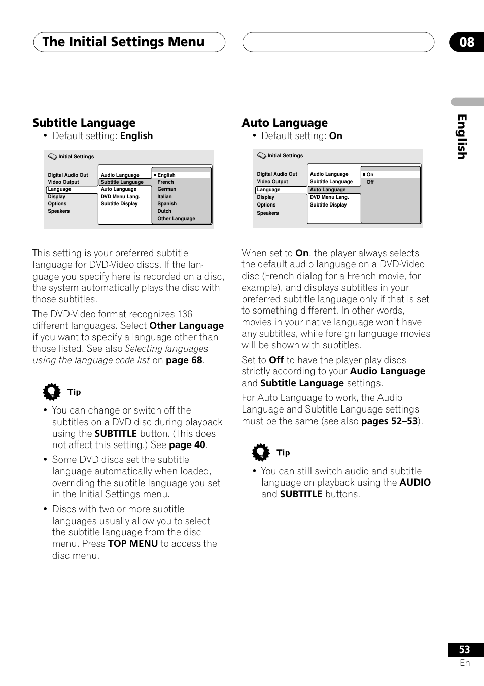 Subtitle language auto language, The initial settings menu 08, English | Auto language, Subtitle language, Default setting: on, Default setting: english | Pioneer VRD1160-A User Manual | Page 53 / 148