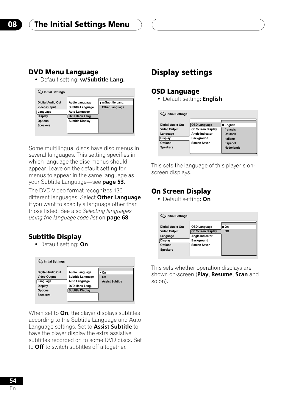 Dvd menu language subtitle display, Display settings, Osd language on screen display | The initial settings menu 08, Dvd menu language, Subtitle display, Osd language, On screen display, Default setting: w/subtitle lang, Default setting: on | Pioneer VRD1160-A User Manual | Page 54 / 148