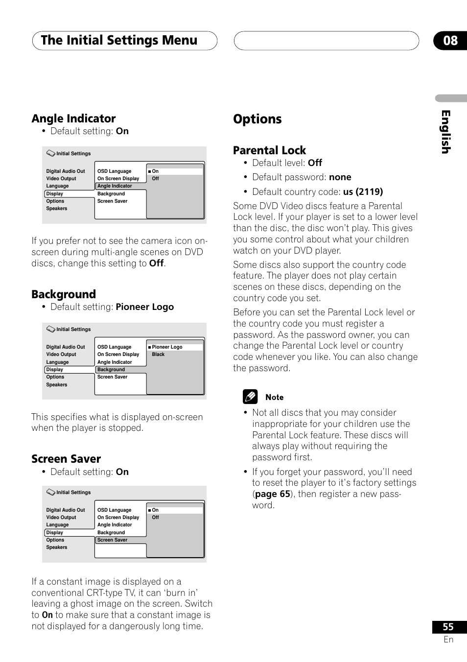 Angle indicator background screen saver, Options, Parental lock | The initial settings menu 08, English, Angle indicator, Background, Screen saver, Default setting: on, Default setting: pioneer logo | Pioneer VRD1160-A User Manual | Page 55 / 148