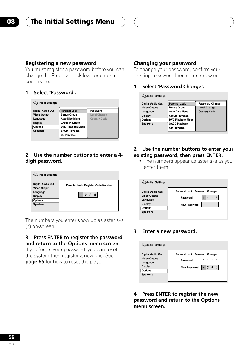Registering a new password changing your password, The initial settings menu 08, Registering a new password | Changing your password, 3enter a new password | Pioneer VRD1160-A User Manual | Page 56 / 148