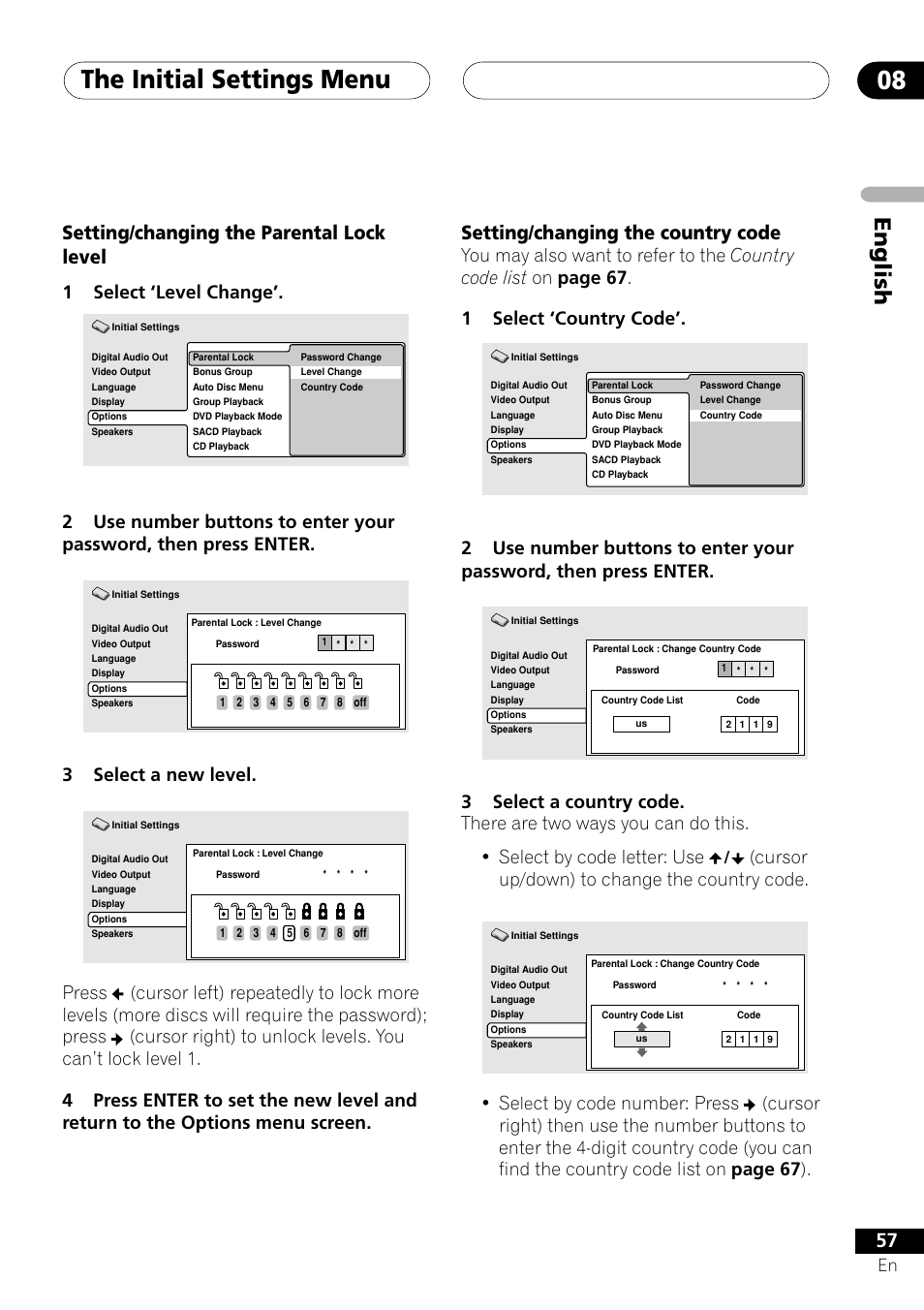 The initial settings menu 08, English, Setting/changing the parental lock level | Setting/changing the country code, 1select ‘level change, 3select a new level, Cursor up/down) to change the country code | Pioneer VRD1160-A User Manual | Page 57 / 148