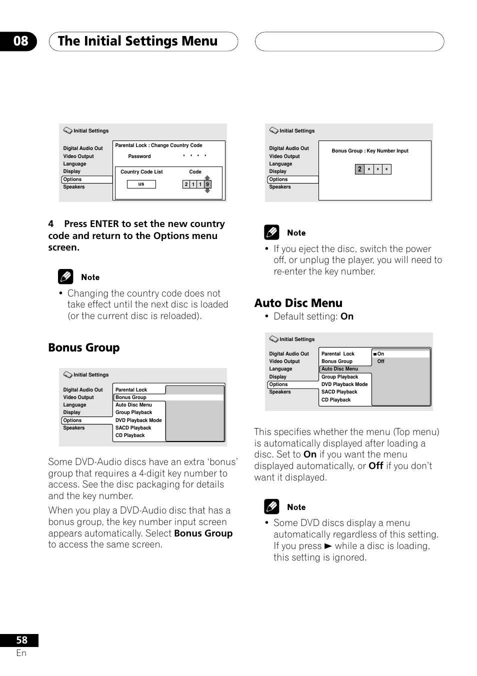 Bonus group auto disc menu, The initial settings menu 08, Bonus group | Auto disc menu, Default setting: on | Pioneer VRD1160-A User Manual | Page 58 / 148