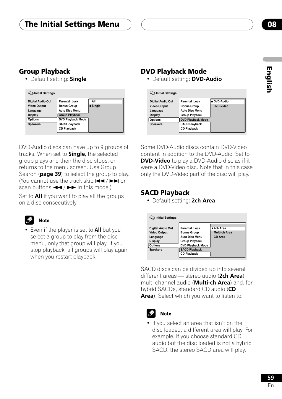 Group playback dvd playback mode sacd playback, The initial settings menu 08, English | Group playback, Dvd playback mode, Sacd playback, Default setting: single, Default setting: dvd-audio, Default setting: 2ch area | Pioneer VRD1160-A User Manual | Page 59 / 148
