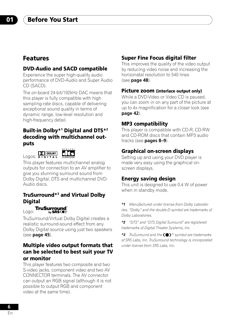 Features, Before you start 01 | Pioneer VRD1160-A User Manual | Page 6 / 148
