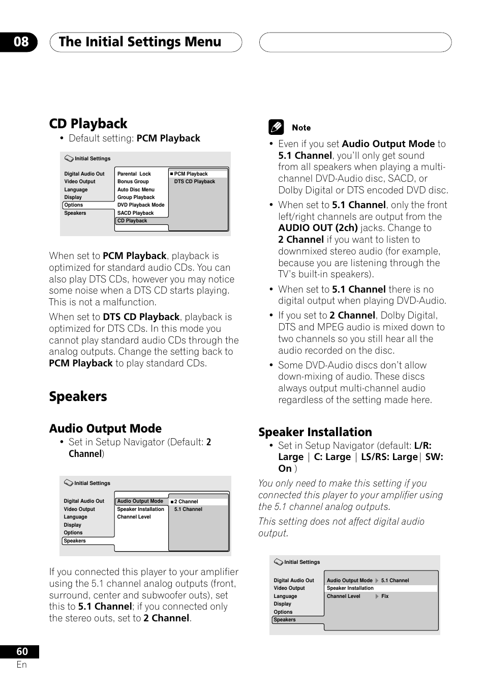 Cd playback, Speakers, Audio output mode speaker installation | The initial settings menu 08, Audio output mode, Speaker installation, Default setting: pcm playback, Set in setup navigator (default: 2 channel ) | Pioneer VRD1160-A User Manual | Page 60 / 148