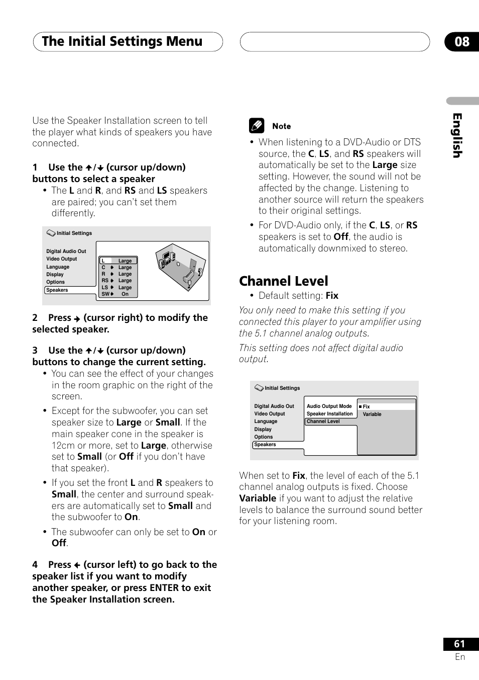 Channel level, The initial settings menu 08, English | Pioneer VRD1160-A User Manual | Page 61 / 148