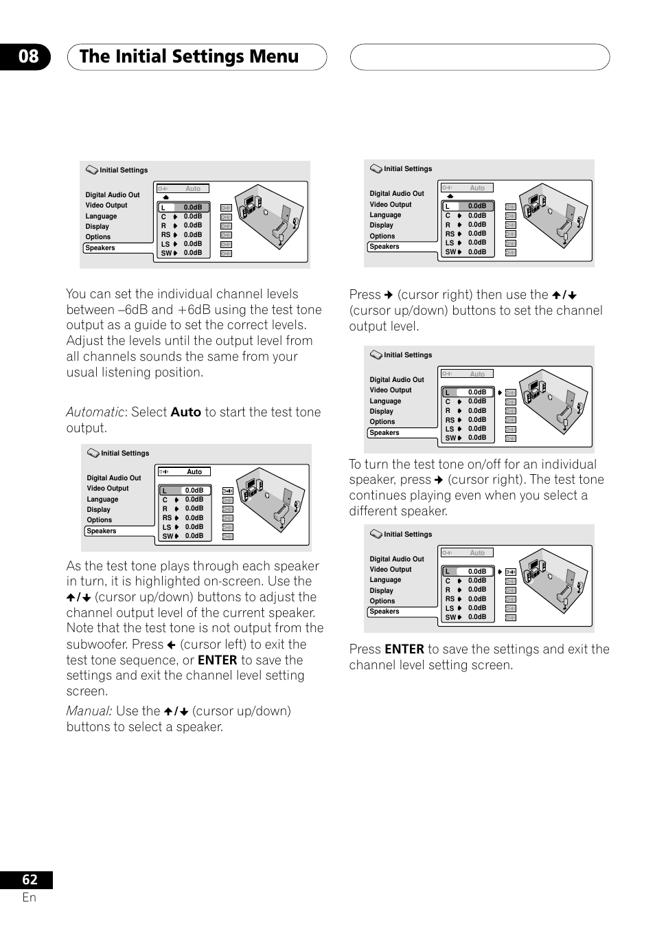 The initial settings menu 08, Cursor up/down) buttons to select a speaker, Press (cursor right) then use the | Pioneer VRD1160-A User Manual | Page 62 / 148