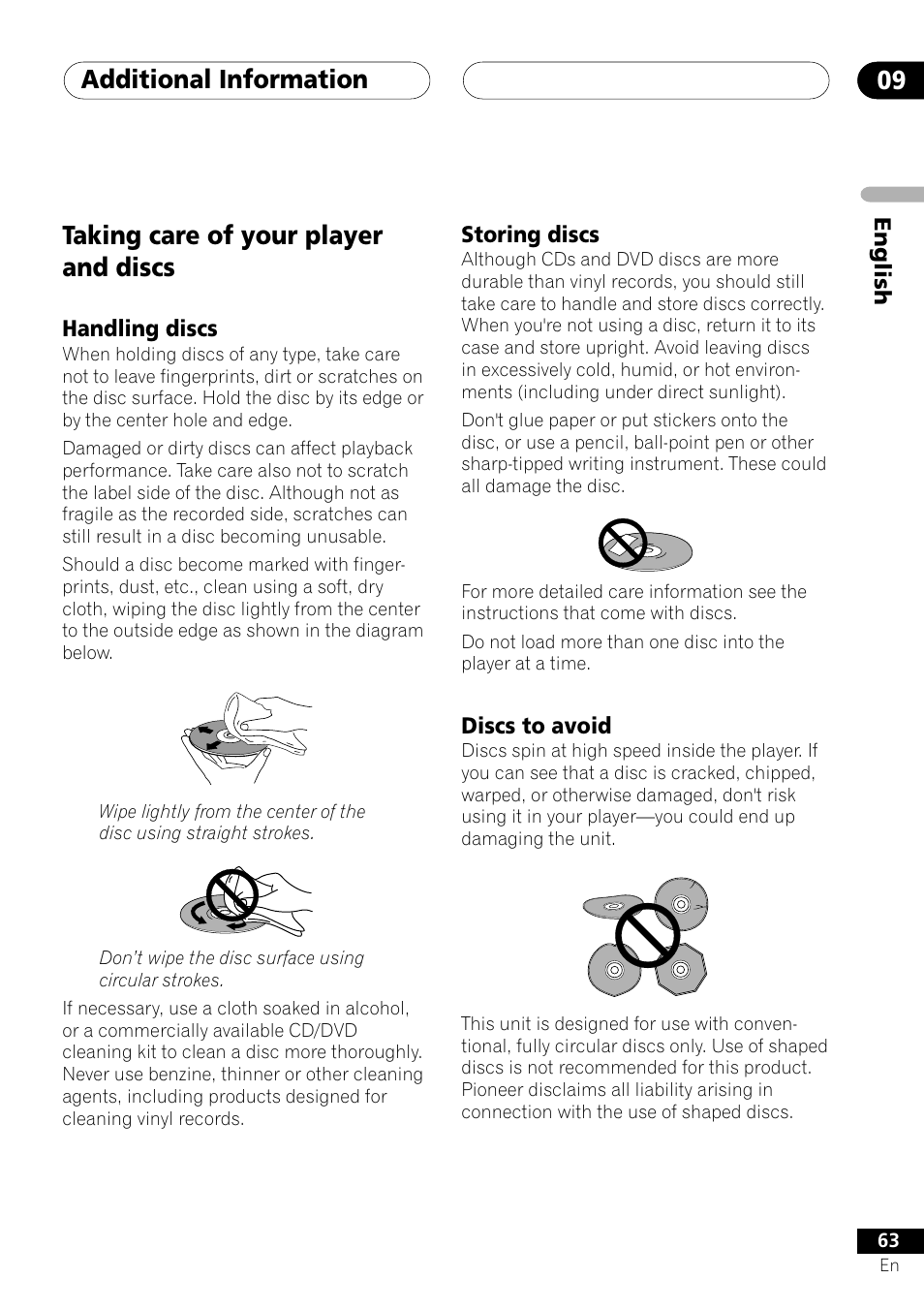 Taking care of your player and discs, Handling discs storing discs discs to avoid, Additional information 09 | Pioneer VRD1160-A User Manual | Page 63 / 148
