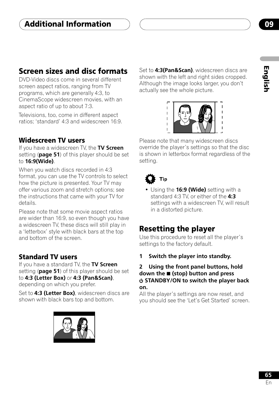 Screen sizes and disc formats, Widescreen tv users standard tv users, Resetting the player | Additional information 09 | Pioneer VRD1160-A User Manual | Page 65 / 148