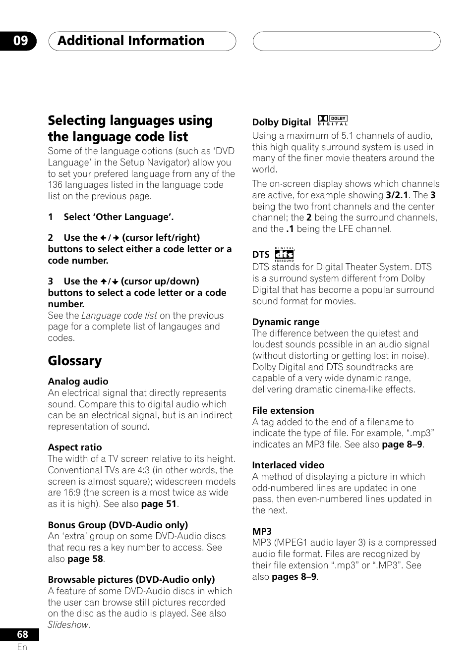 Additional information 09, Selecting languages using the language code list, Glossary | Pioneer VRD1160-A User Manual | Page 68 / 148