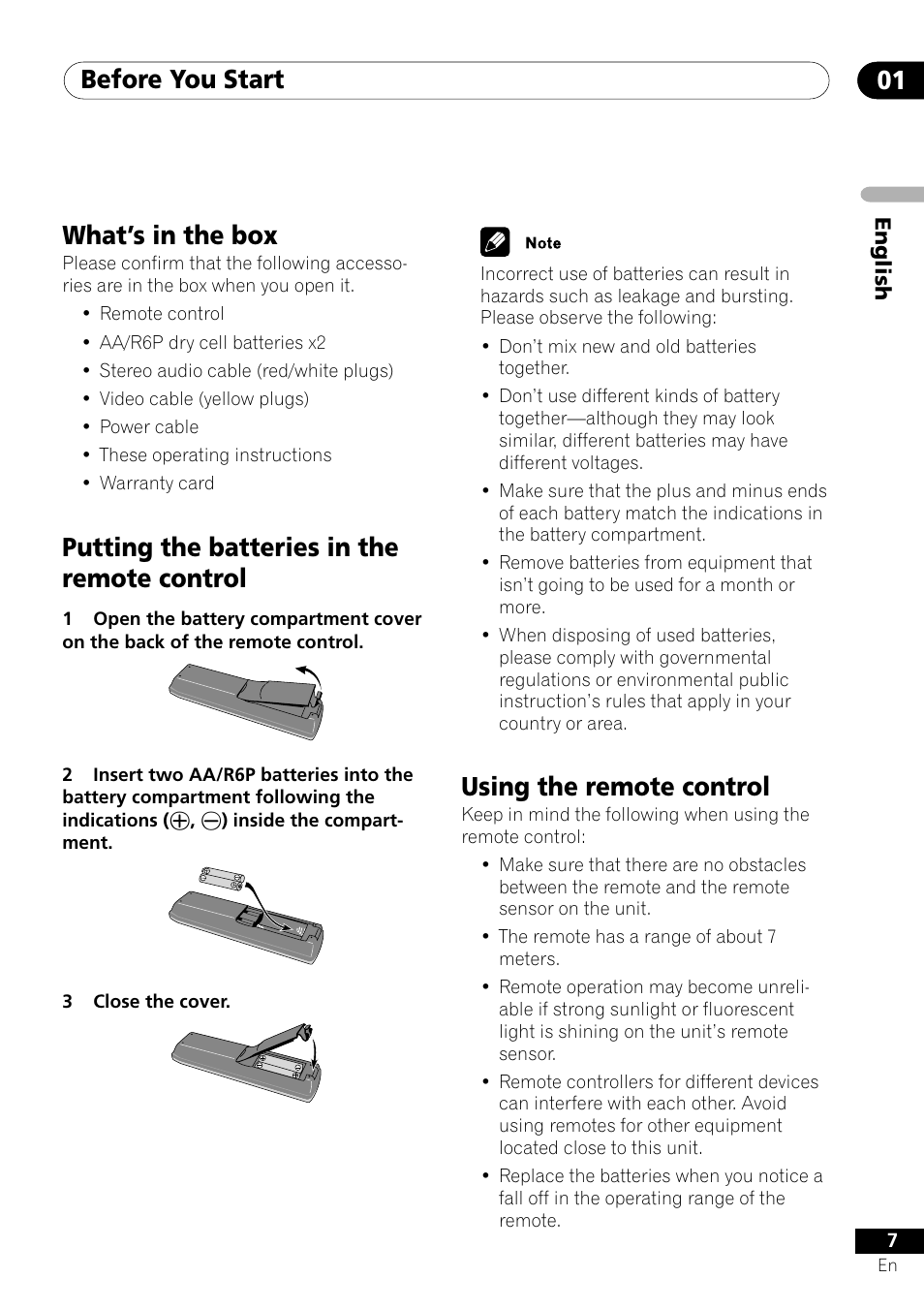 Before you start 01, Using the remote control, What’s in the box | Putting the batteries in the remote control | Pioneer VRD1160-A User Manual | Page 7 / 148