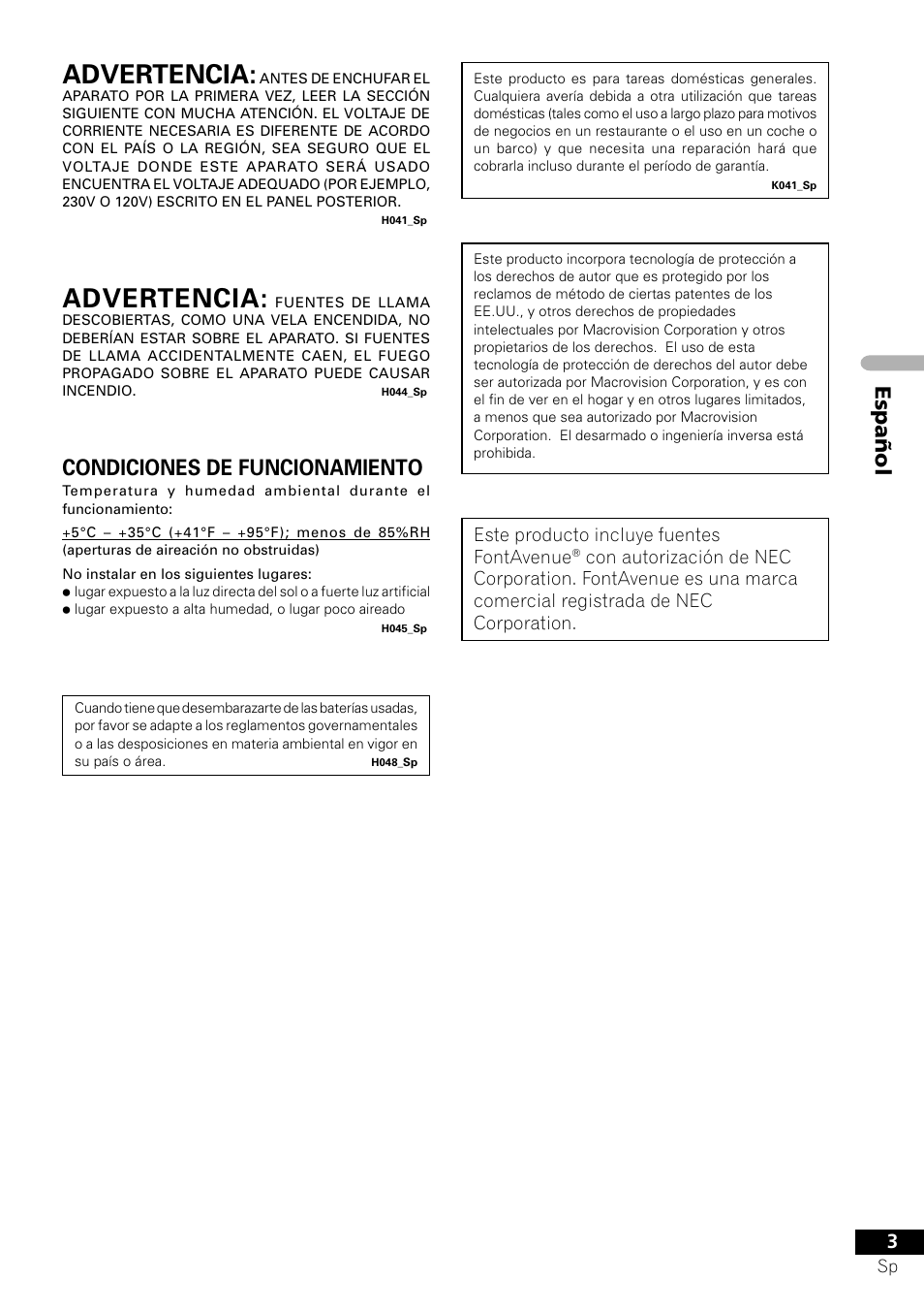 Advertencia, Español, Condiciones de funcionamiento | Pioneer VRD1160-A User Manual | Page 77 / 148