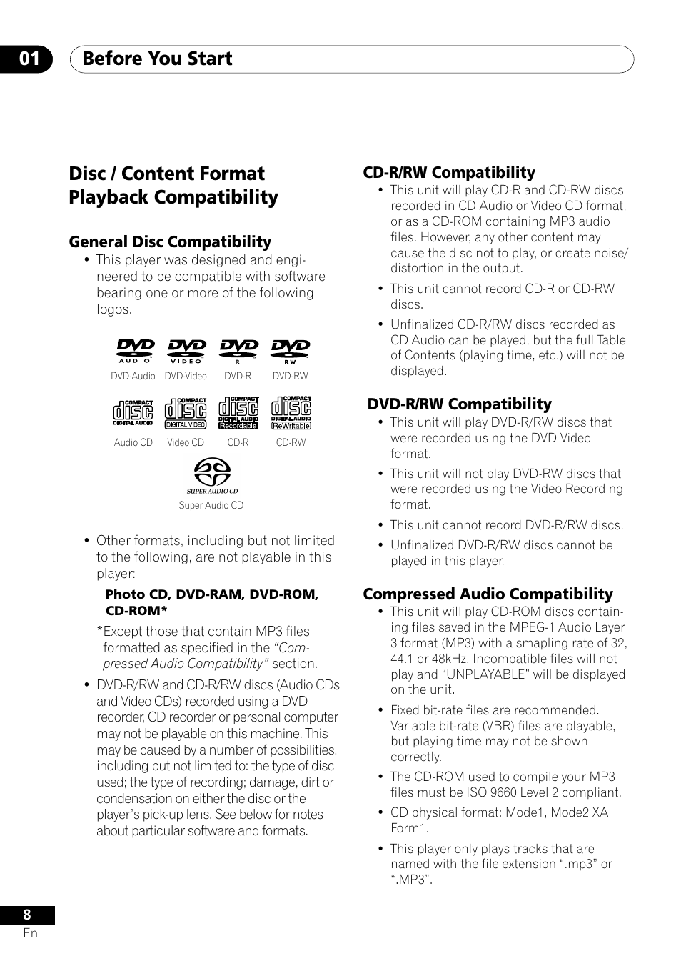 Disc/content format playback compatibility, Before you start 01, Disc / content format playback compatibility | General disc compatibility, Cd-r/rw compatibility, Dvd-r/rw compatibility, Compressed audio compatibility | Pioneer VRD1160-A User Manual | Page 8 / 148