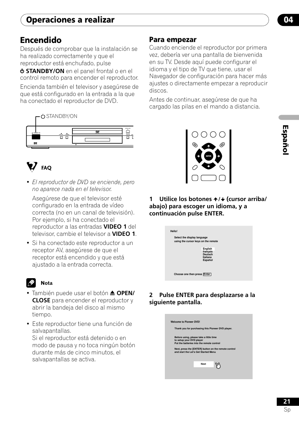 Encendido, Para empezar, Operaciones a realizar 04 | Español para empezar, 1utilice los botones | Pioneer VRD1160-A User Manual | Page 95 / 148