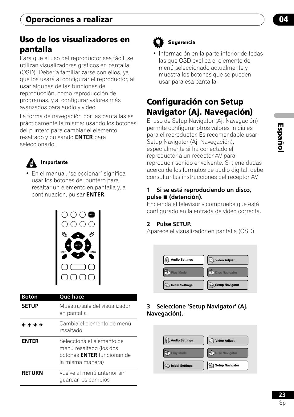 Operaciones a realizar 04, Configuración con setup navigator (aj. navegación), Uso de los visualizadores en pantalla | Español | Pioneer VRD1160-A User Manual | Page 97 / 148