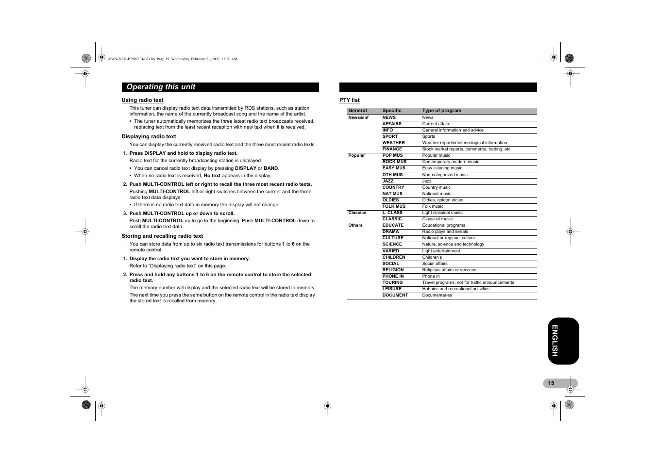 Operating this unit, En g l is h | Pioneer DEH-P7900UB User Manual | Page 15 / 52