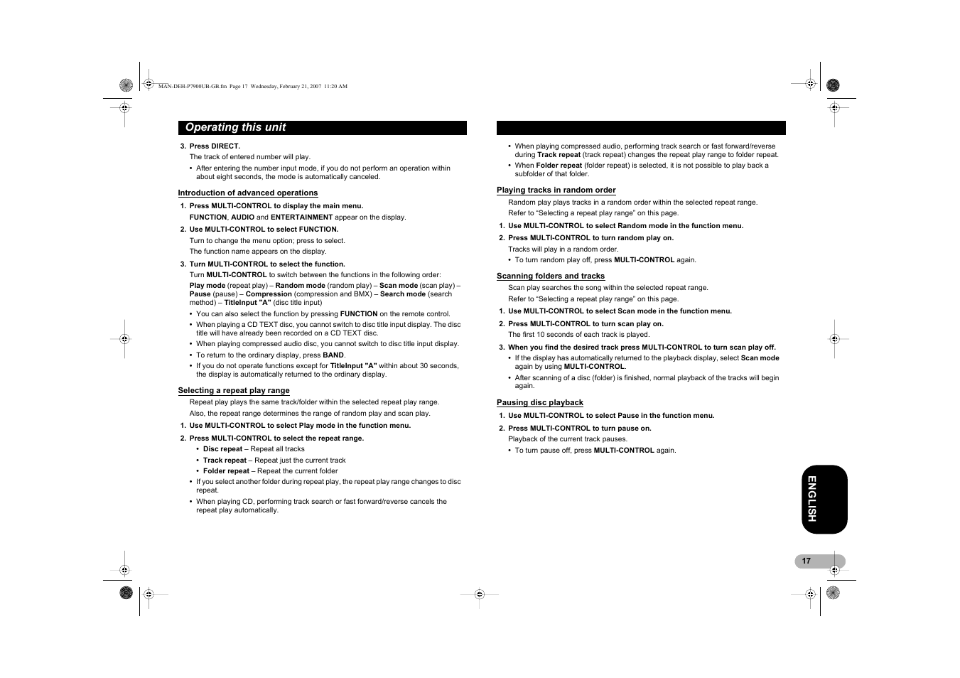 Operating this unit | Pioneer DEH-P7900UB User Manual | Page 17 / 52