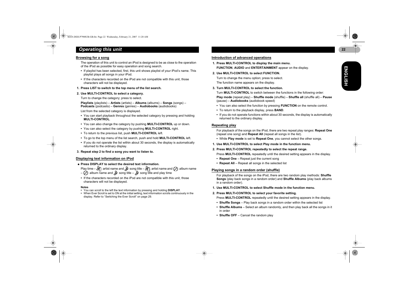 Operating this unit | Pioneer DEH-P7900UB User Manual | Page 22 / 52