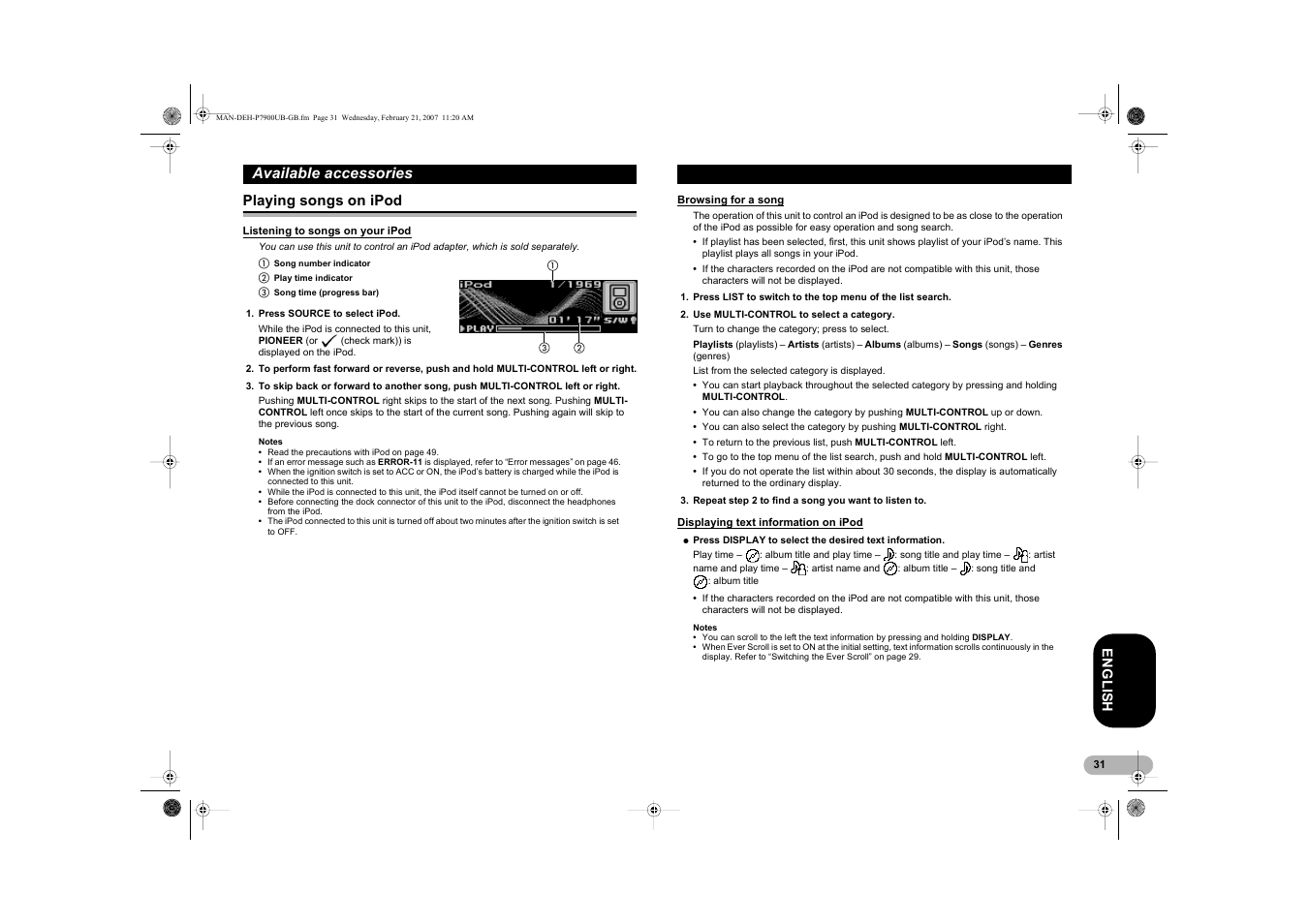 Available accessories | Pioneer DEH-P7900UB User Manual | Page 31 / 52