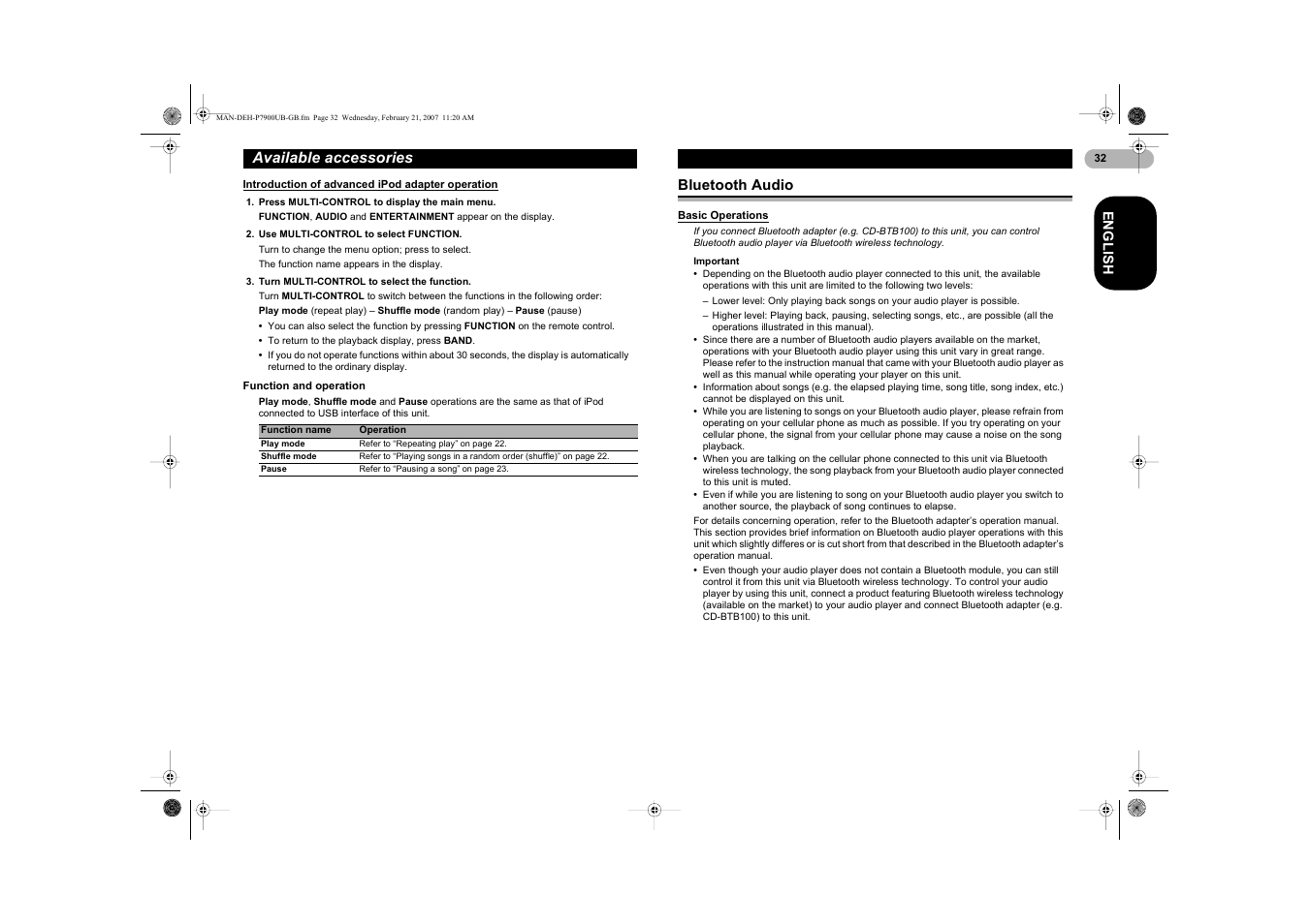 Available accessories | Pioneer DEH-P7900UB User Manual | Page 32 / 52