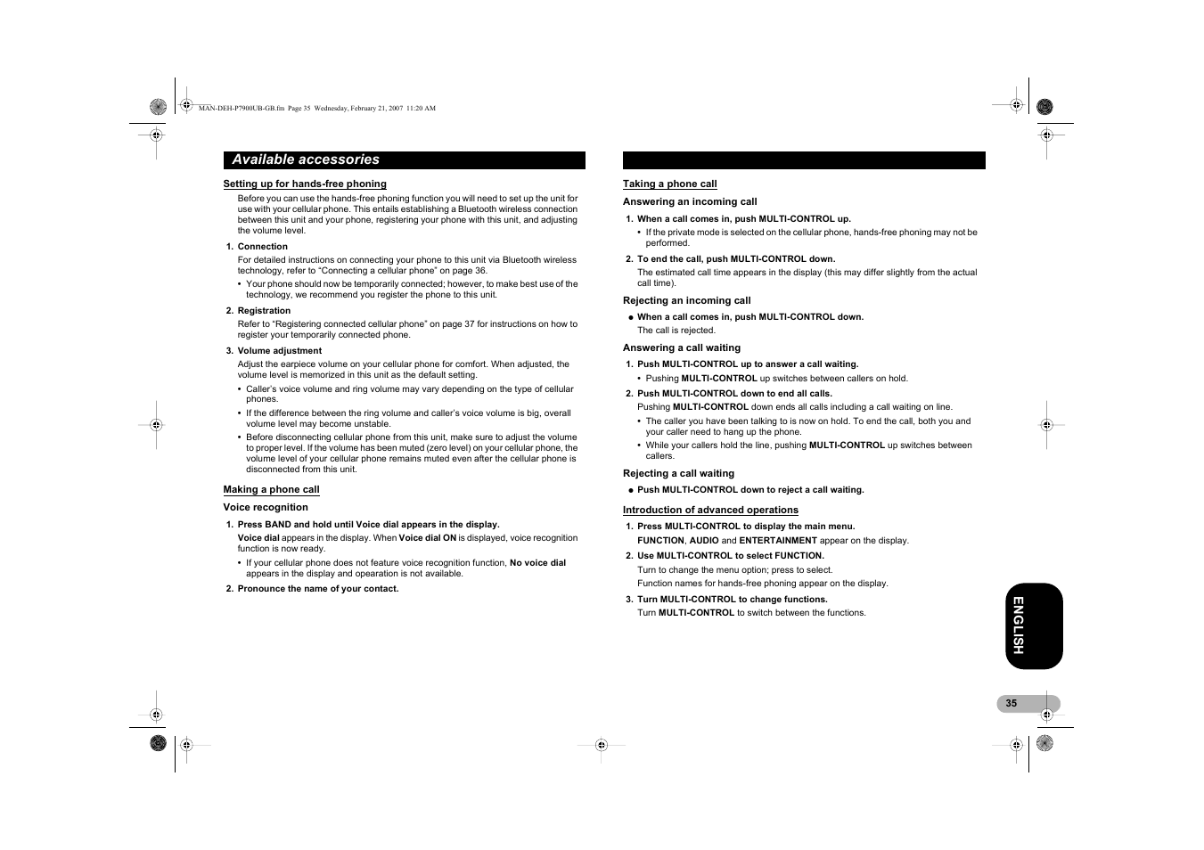 Available accessories | Pioneer DEH-P7900UB User Manual | Page 35 / 52