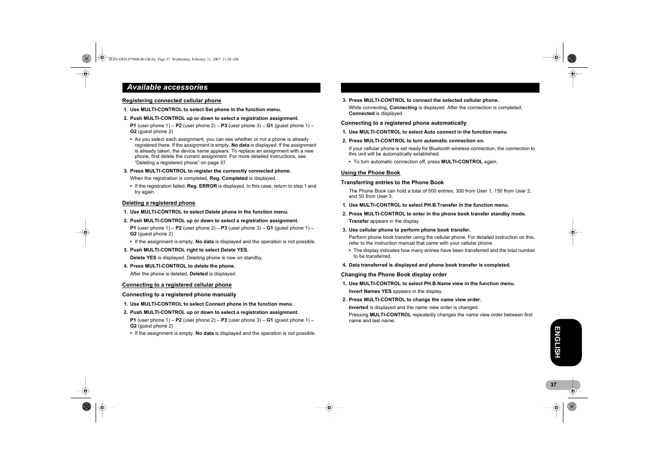 Available accessories | Pioneer DEH-P7900UB User Manual | Page 37 / 52