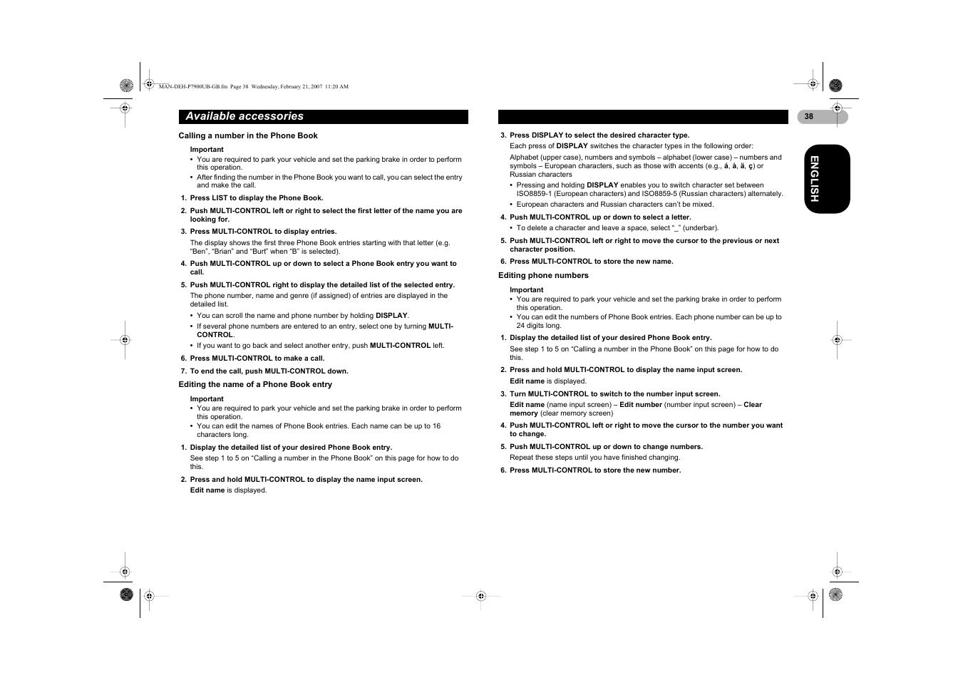 Available accessories | Pioneer DEH-P7900UB User Manual | Page 38 / 52