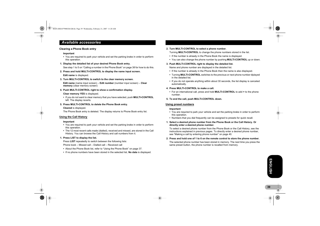 Available accessories | Pioneer DEH-P7900UB User Manual | Page 39 / 52