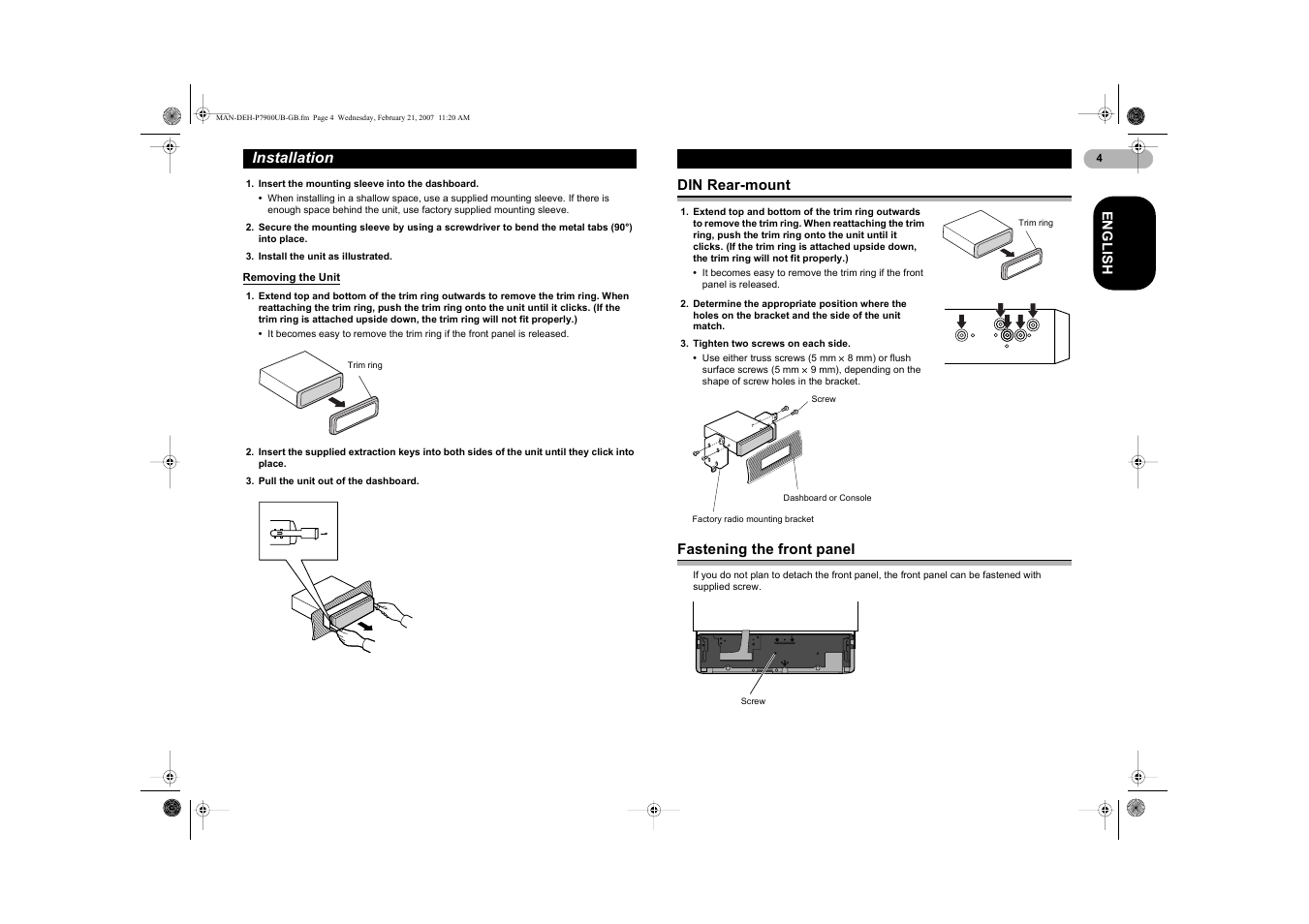 Installation | Pioneer DEH-P7900UB User Manual | Page 4 / 52