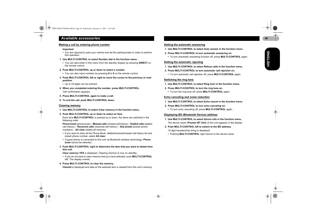 Available accessories | Pioneer DEH-P7900UB User Manual | Page 40 / 52