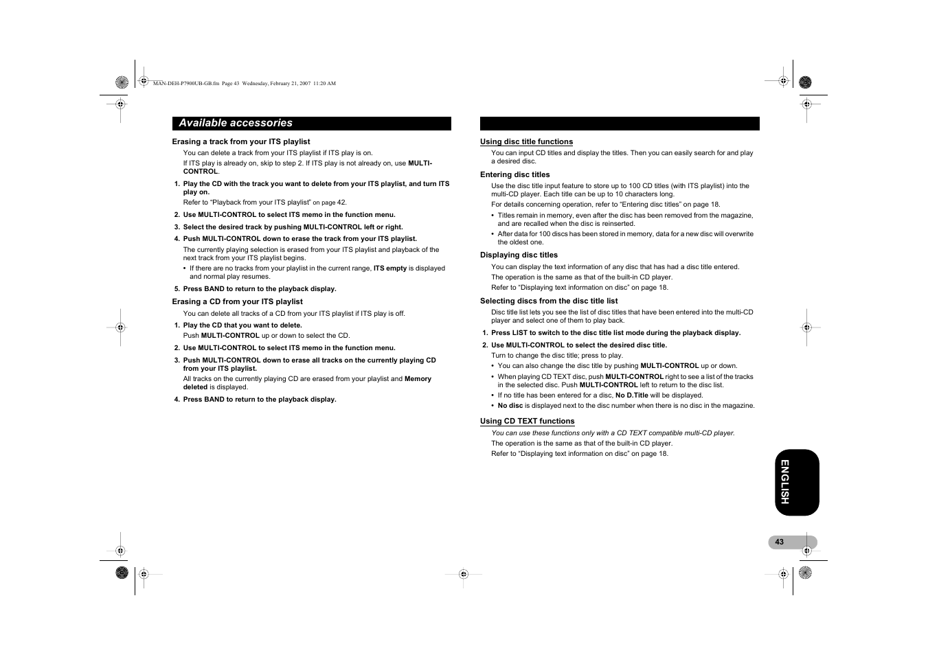 Available accessories | Pioneer DEH-P7900UB User Manual | Page 43 / 52