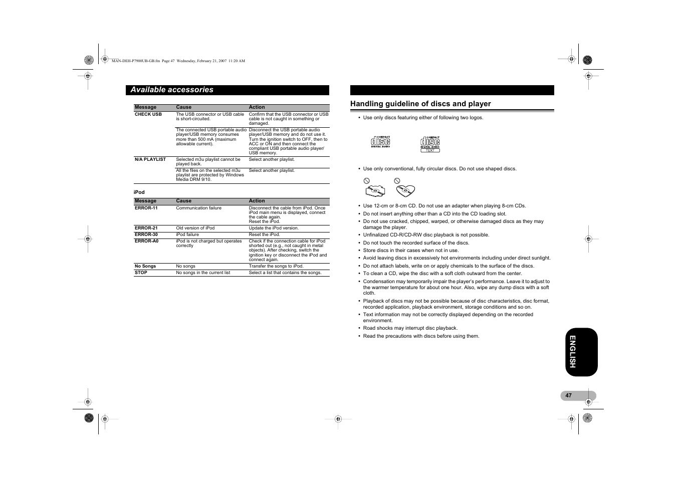 Available accessories | Pioneer DEH-P7900UB User Manual | Page 47 / 52