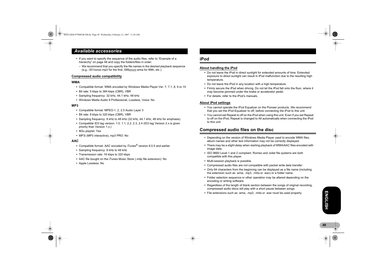 Available accessories | Pioneer DEH-P7900UB User Manual | Page 49 / 52