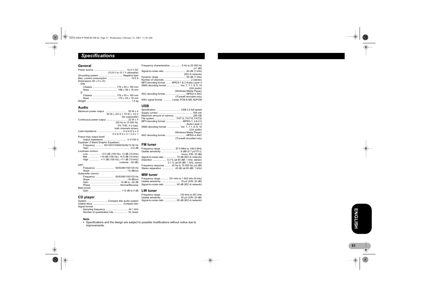 Specifications, En g l is h | Pioneer DEH-P7900UB User Manual | Page 51 / 52