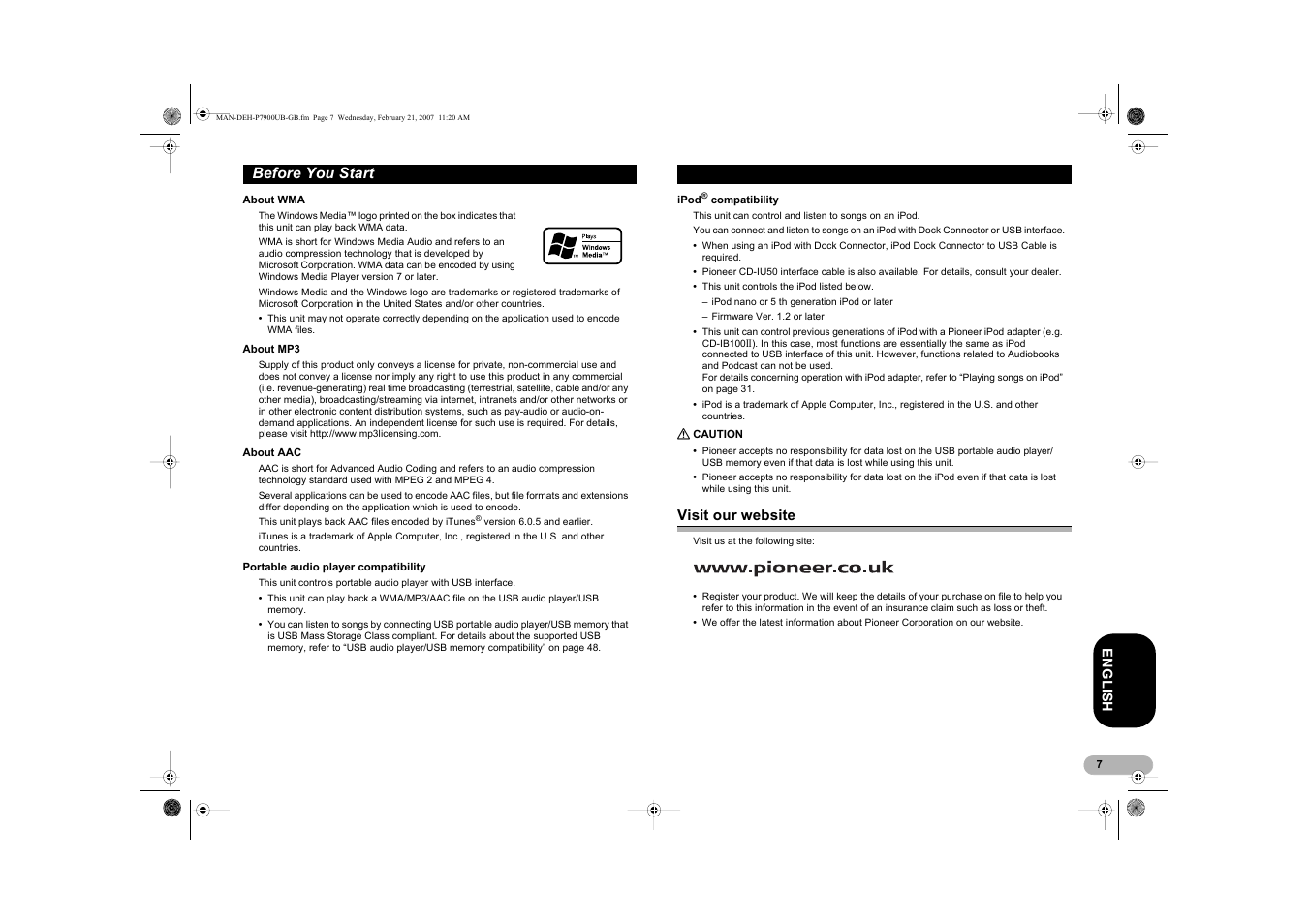 Before you start | Pioneer DEH-P7900UB User Manual | Page 7 / 52