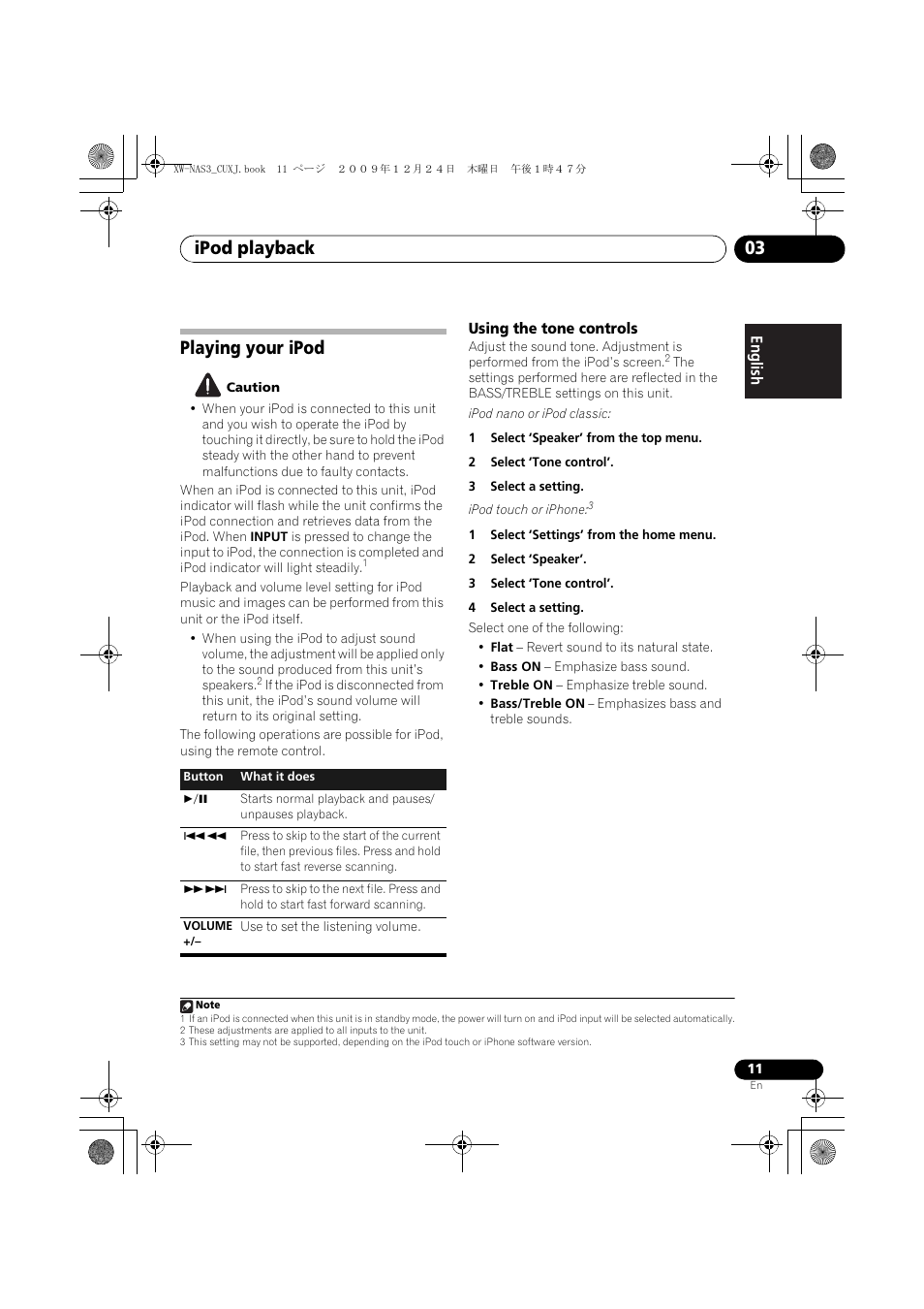 Playing your ipod, Using the tone controls, Ipod playback 03 | Pioneer Digital Speaker System For iPod XW-NAS3 User Manual | Page 11 / 60